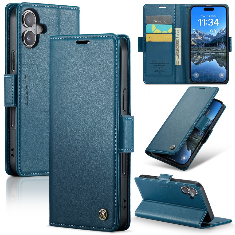 iPhone 16 Leder Tasche Flip Wallet Etui mit Kartenfächern Litchi Look (RFID Schutz) - Blaugrün