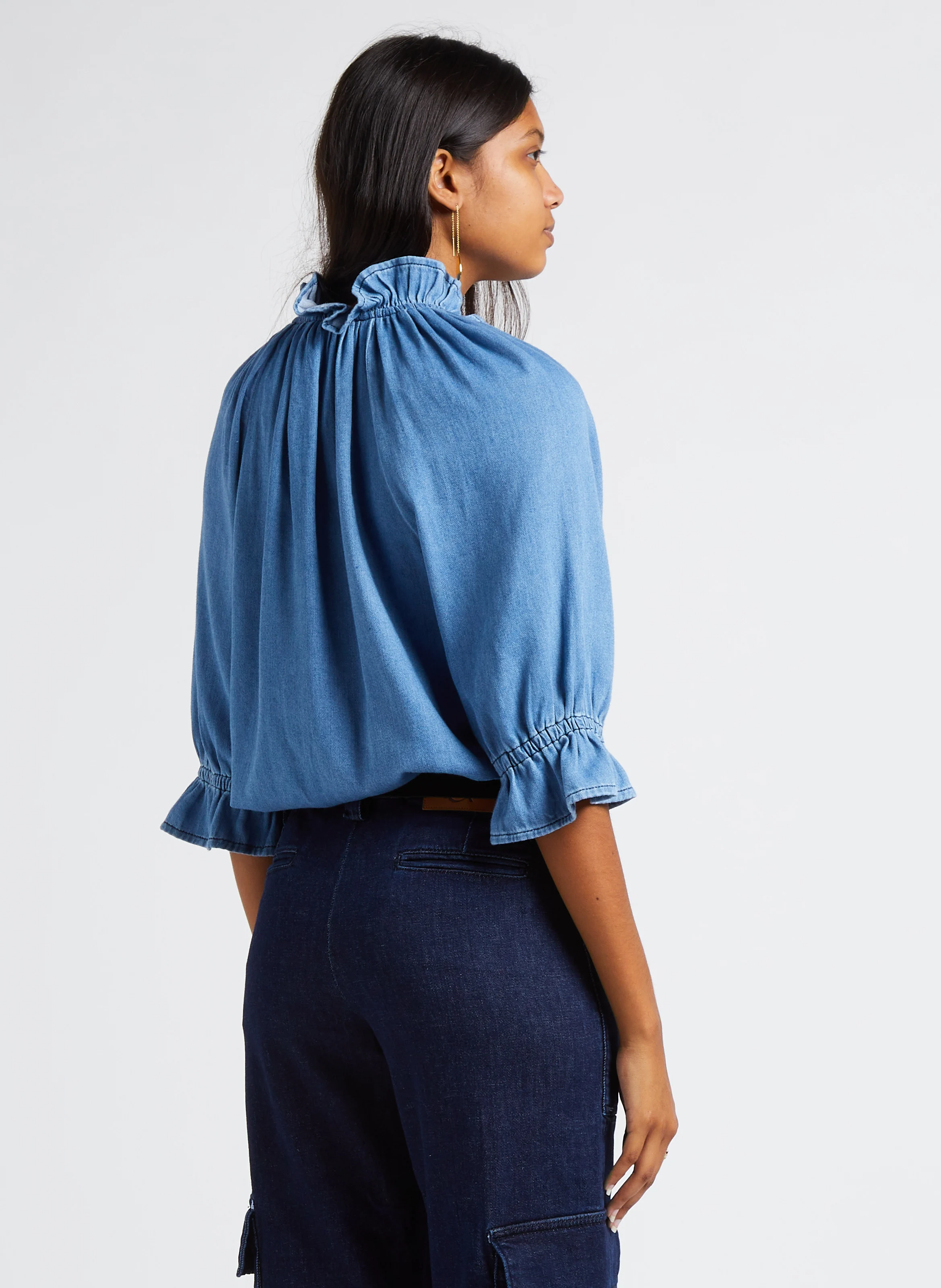 DRACO - Chemise droite col classique volanté en coton | Bleu