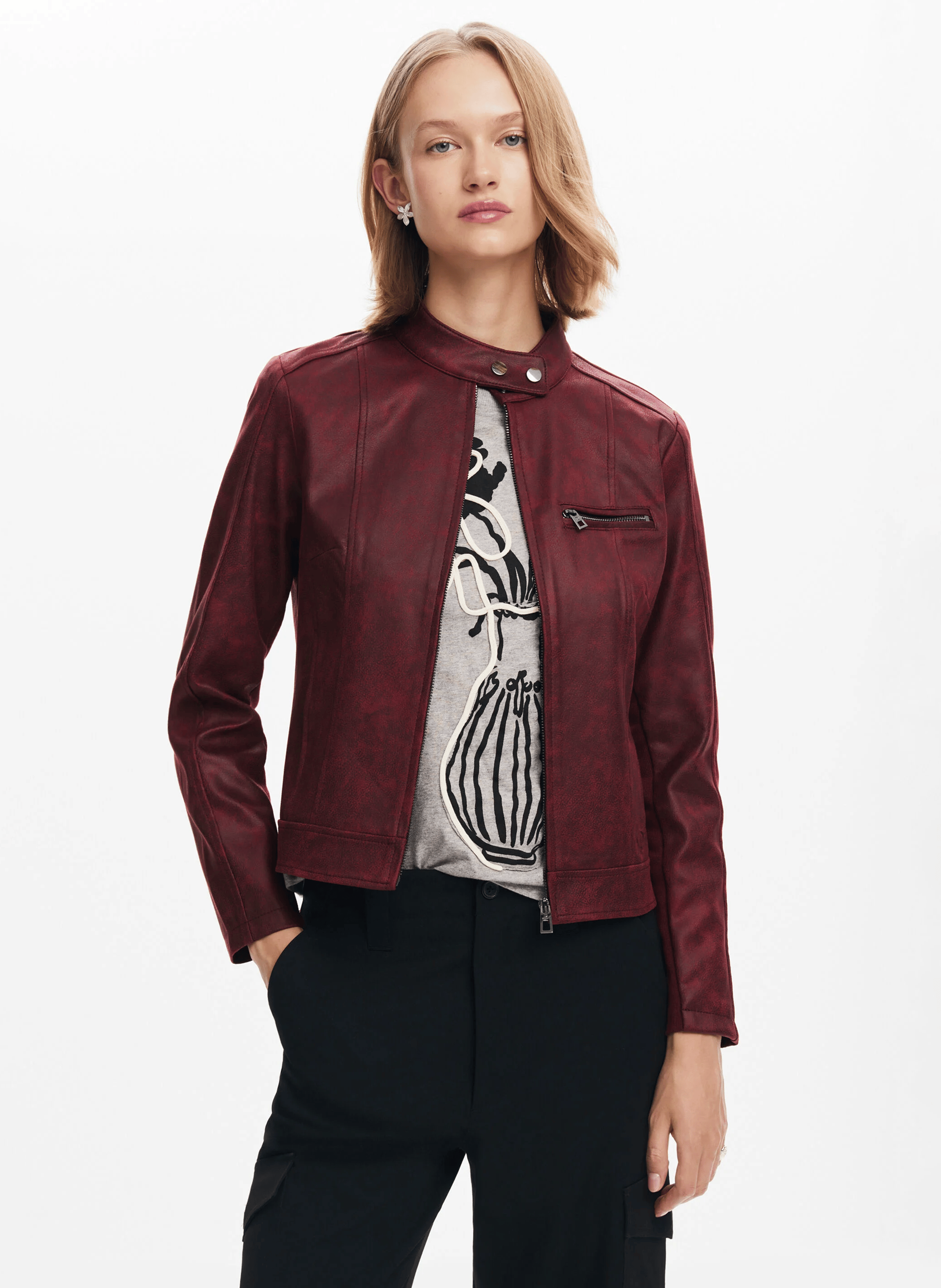 Veste droite biker effet cuir| Rouge