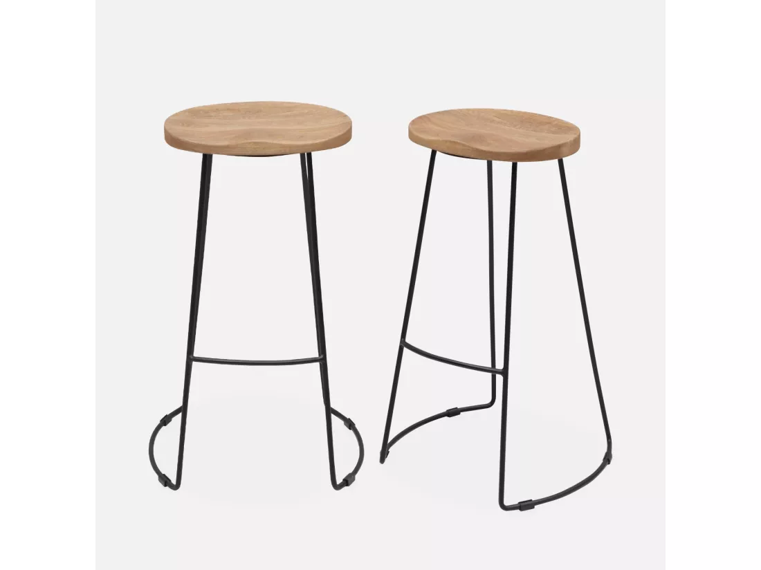 Lot de 2 tabourets de bar bois de manguier naturel et acier. avec repose pieds. 75cm