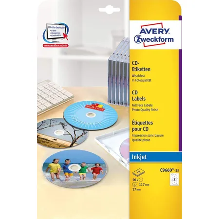 Avery Zweckform C9660-25 CD-Etiketten SuperSize,A4 Ø 117 mm, 25 Bogen/50 Etiketten, weiß