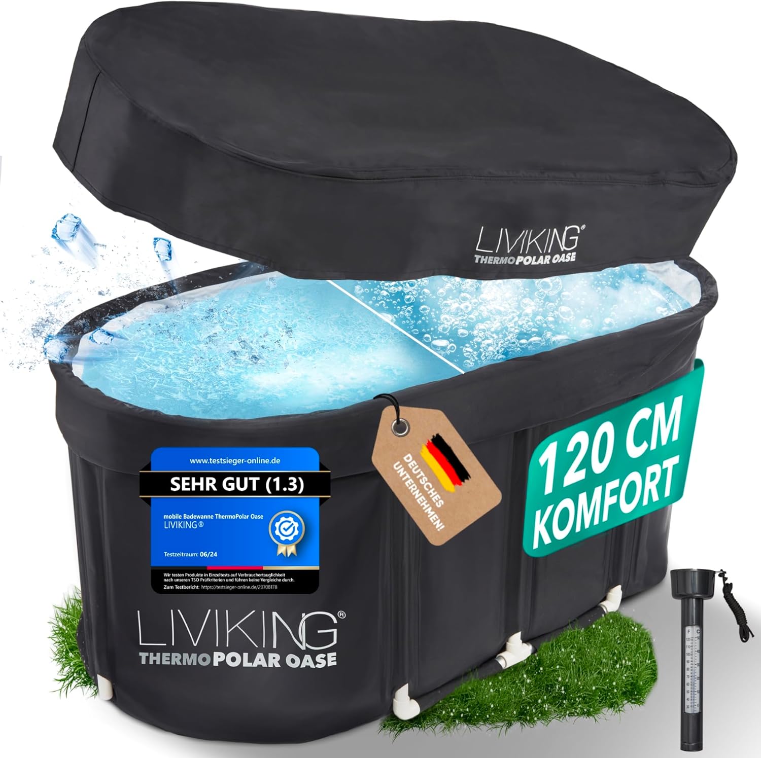 Eisbad + Faltbare Badewanne Erwachsene [120 cm - 2in1 KOMFORT KOMPLETTSET] Eisbaden Tonne, Mobile Badewanne Outdoor & Eistonne – Jetzt Eintauchen! (ThermoPolar Oase, schwarz)