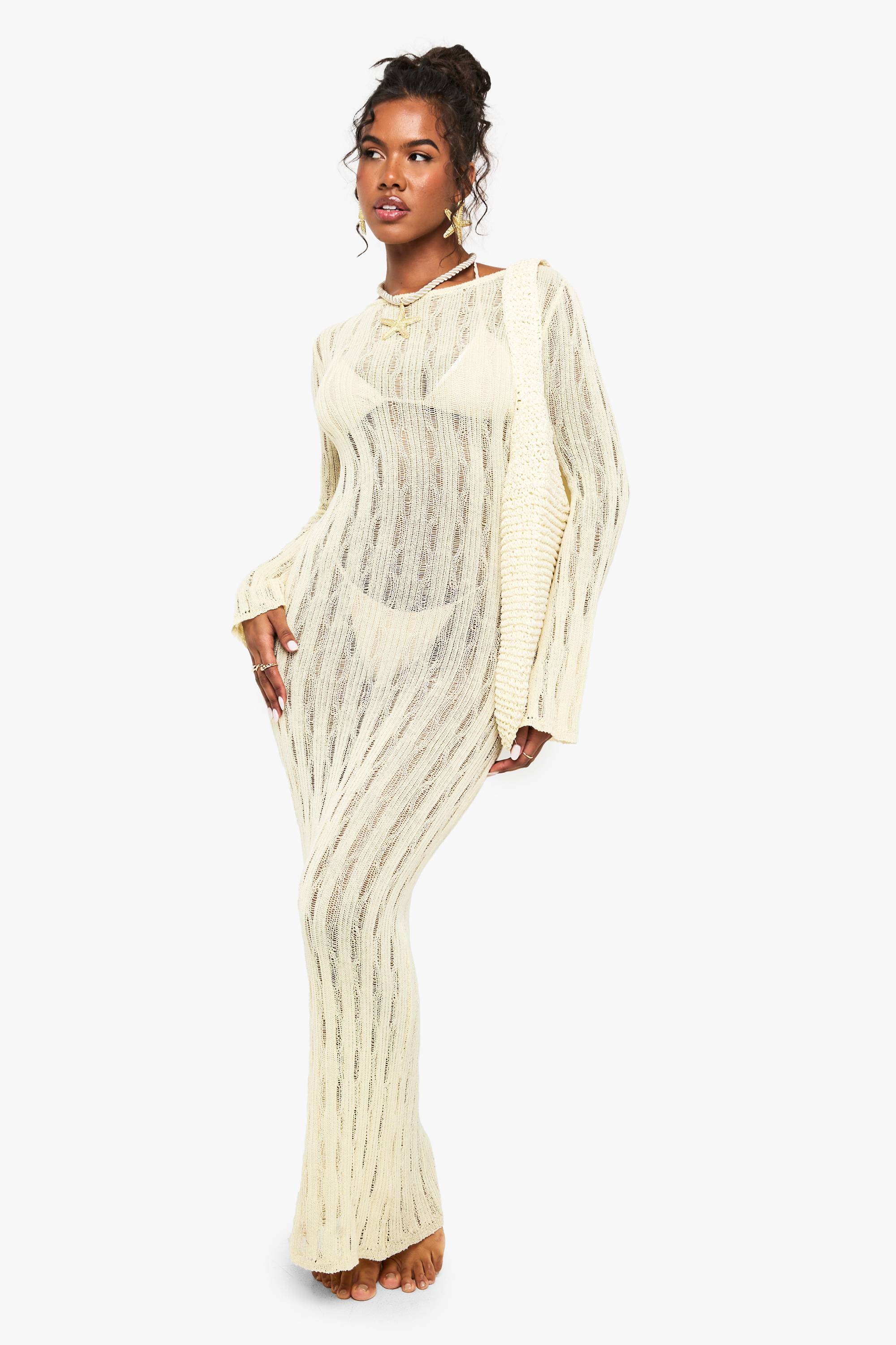 boohoo Robe de plage en crochet à manches longues avec dos échancré