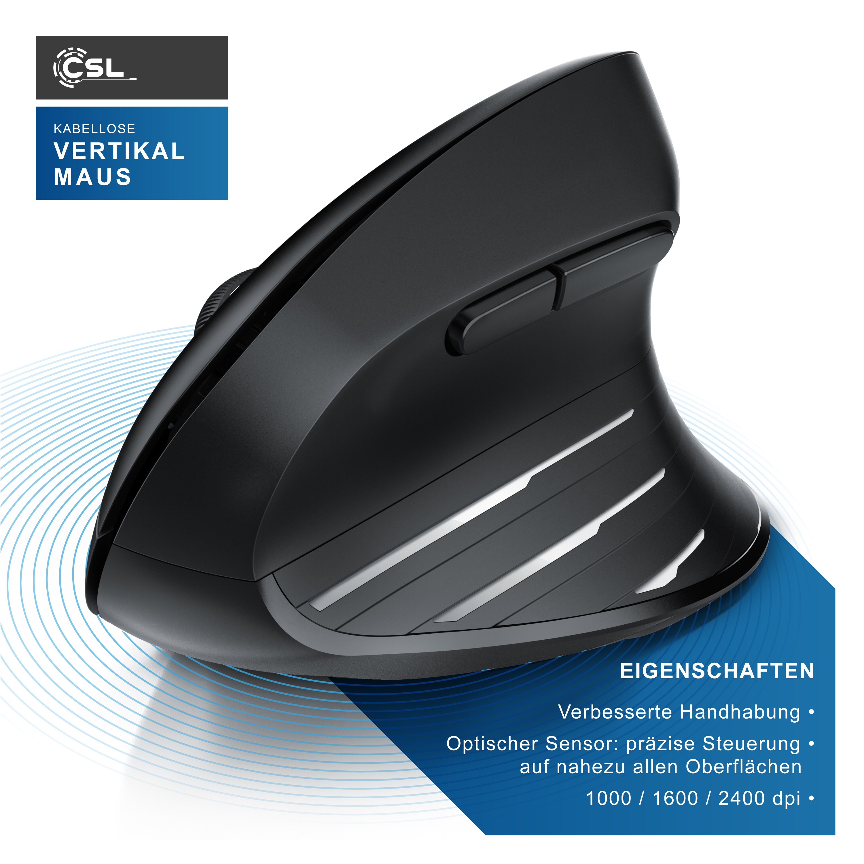 CSL Kabellose Maus, 2,4 GHz mit USB-Empfänger, 1000-2400 DPI, Wireless Maus 6 Tasten mit Nano Empfänger, für Rechtshänder, kompatibel mit PC und Mac