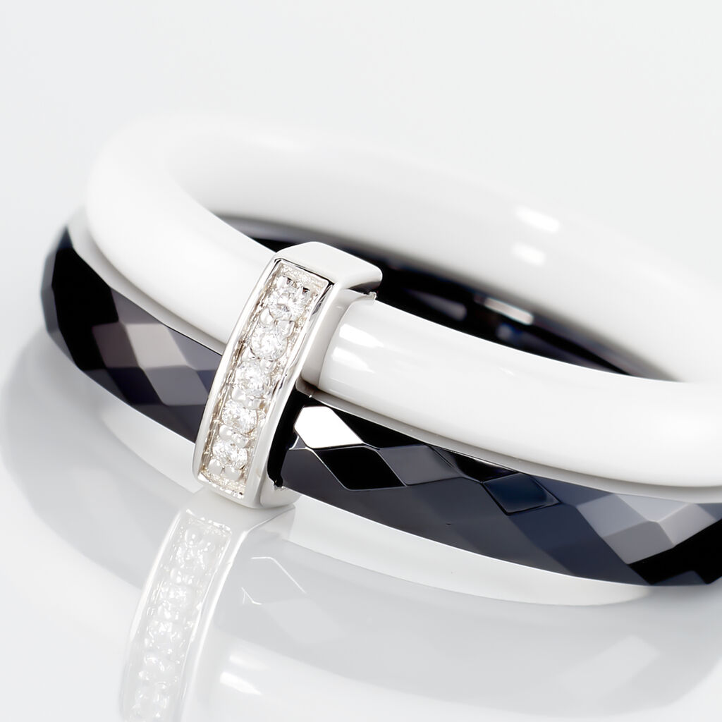 Bague Barette Bicolore Ceramique Argent Blanc Oxyde De Zirconium