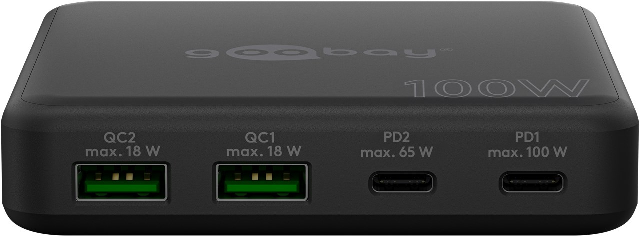 (100W) Laptop / Tablet / Smartphone GaN Multiport Tischladegerät 2x USB C  / 2x USB A (70764) - Schwarz