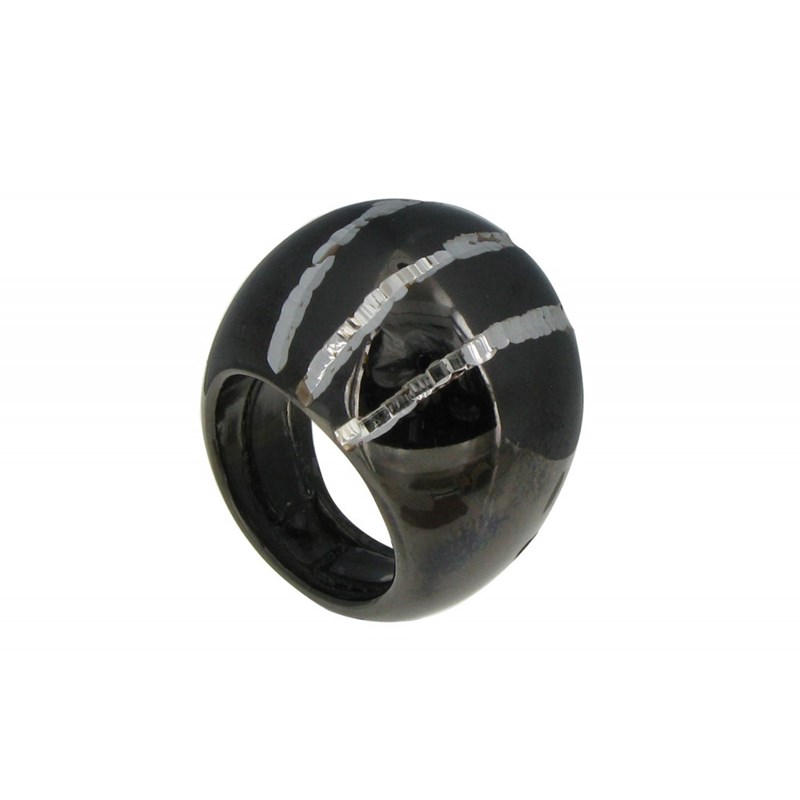 Grosse Bague Argent Noire et Trois Rayures Argent