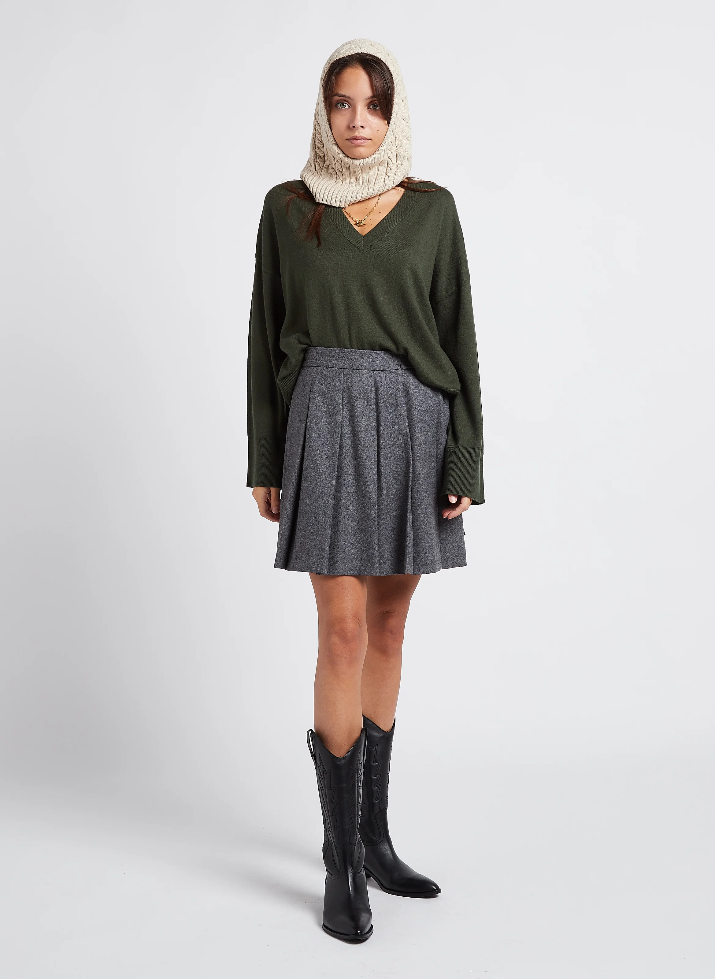 RACHELLE - Pull col V en maille mélangée | Vert