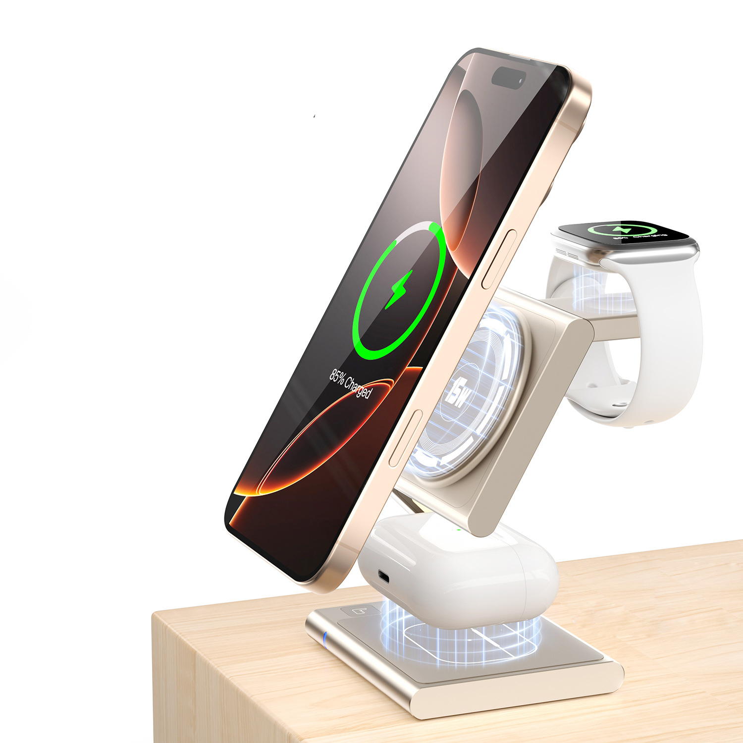 (15W/3A) 3in1 Magnetisches Alu Ladegerät Qi2 Wireless Charger Alu Ladegerät Faltbare Ladestation für Apple iPhone / Apple Airpods / Apple Watch - Schwarz