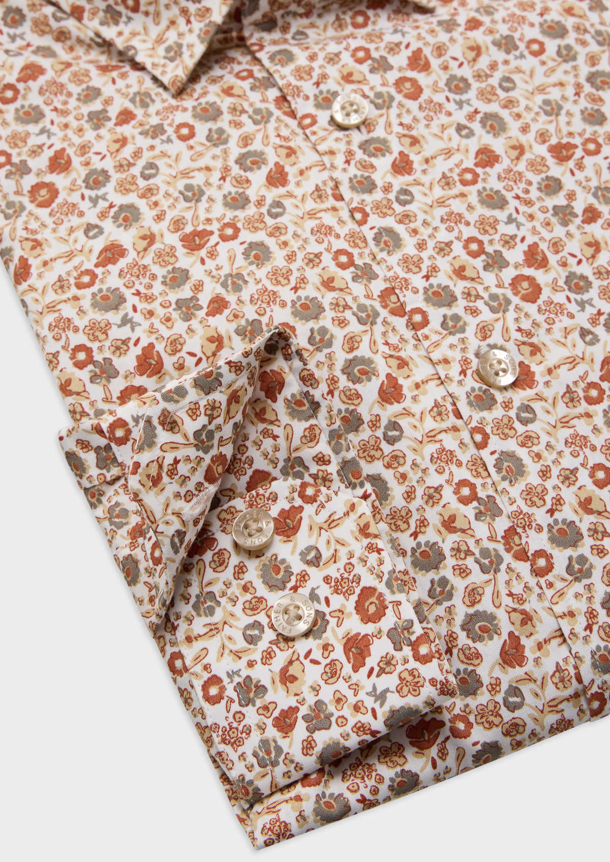 Chemise sport Slim en popeline de coton blanc à motif fleuri terracotta et taupe
