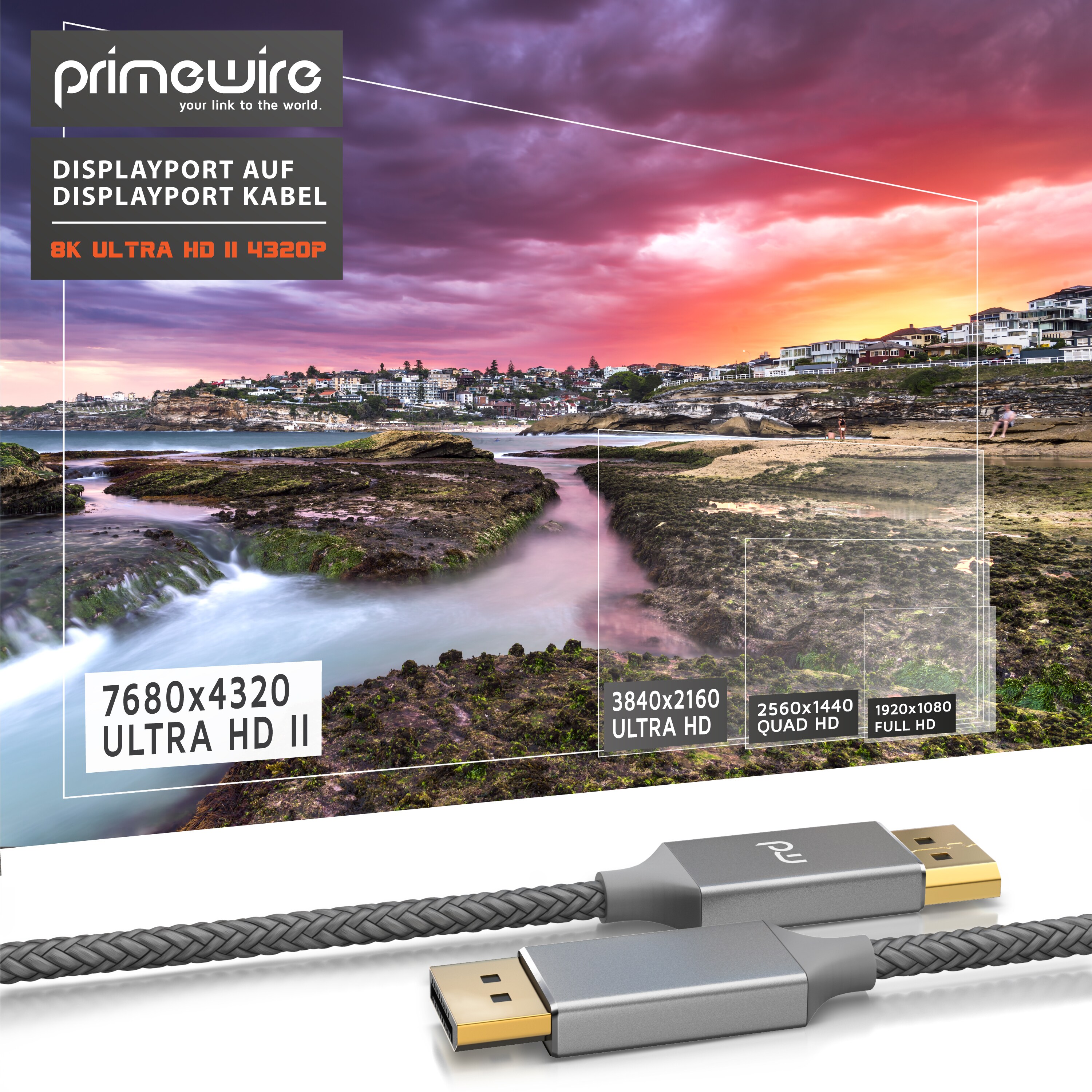 Primewire Premium DisplayPort auf DisplayPort Kabel mit Nylonummantelung 8K 7680 x 4320 @ 60 Hz mit DSC - 1m