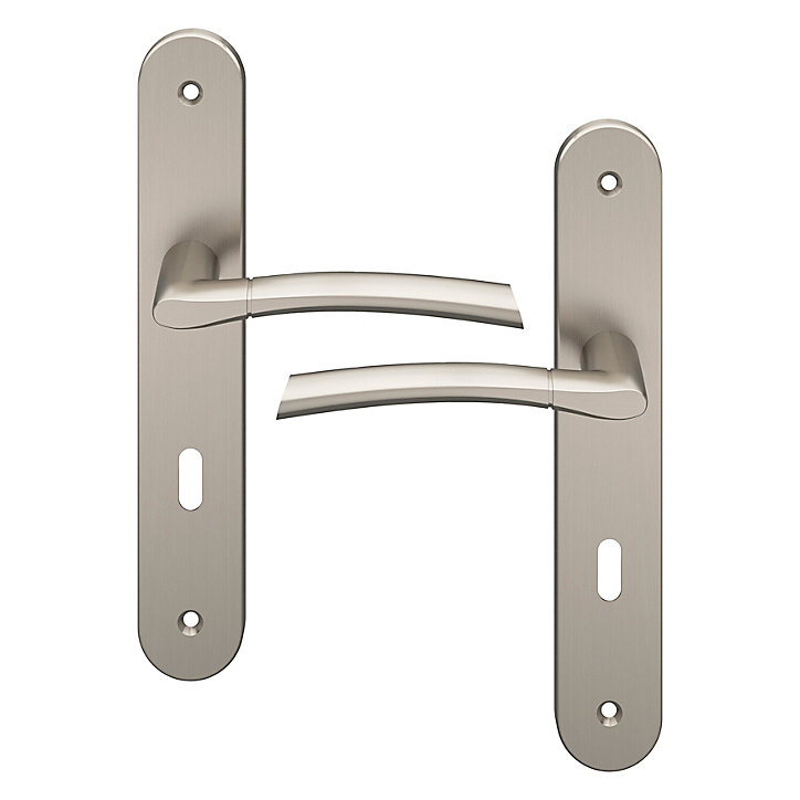 Lot 3 poignées sur plaque rond serrure GoodHome Hirel effet nickel satin gris L.128mm x l.40mm entraxe 195mm