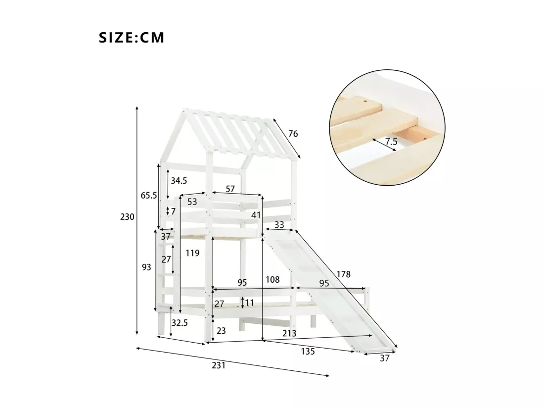 Lits superposés cabane 90x200cm et 90x100cm avec toboggan - Pin certifié FSC - Blanc