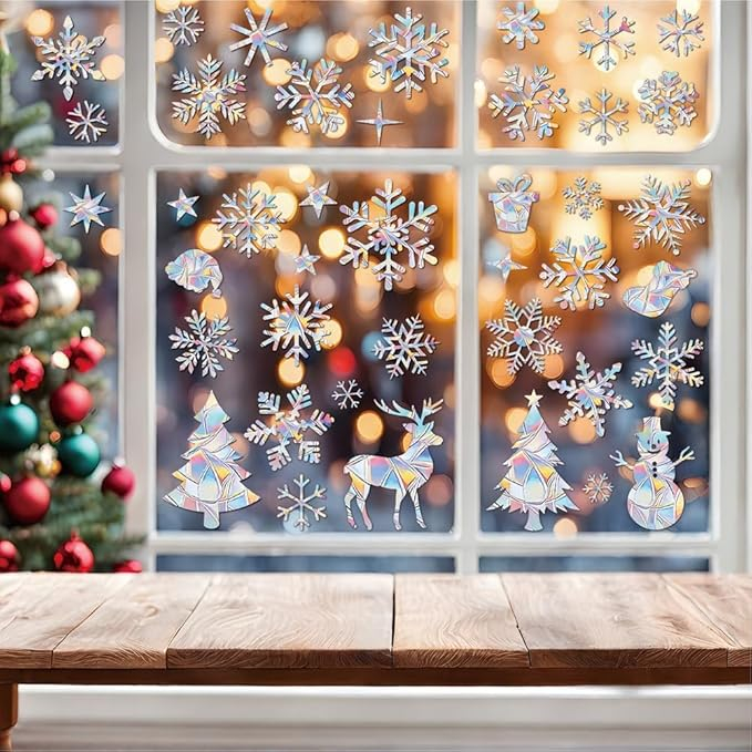 (13er Set) Holographische Weihnachts Fenster Folien Aufkleber Christmas Home Deko Prisma Suncatcher Sticker - Schneeflocke