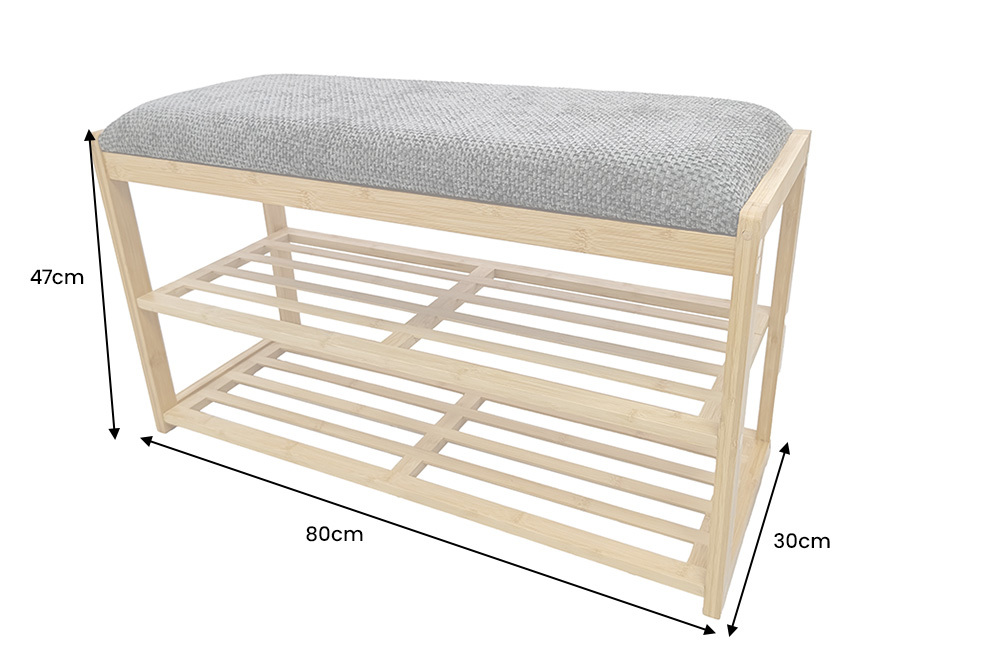 Stilvolle Schuhbank ZEN-BO 80cm natur grau Bambus Regal Sitzbank mit Stauraum