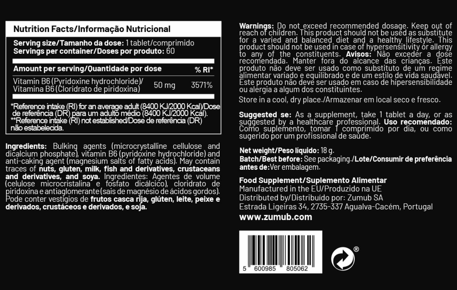 Zumub Vitamina B6 60 comprimidos