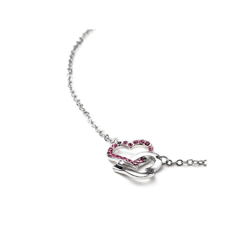 Collier double Coeurs entrelacés orné de Cristal rose de Swarovski et plaqué rhodium