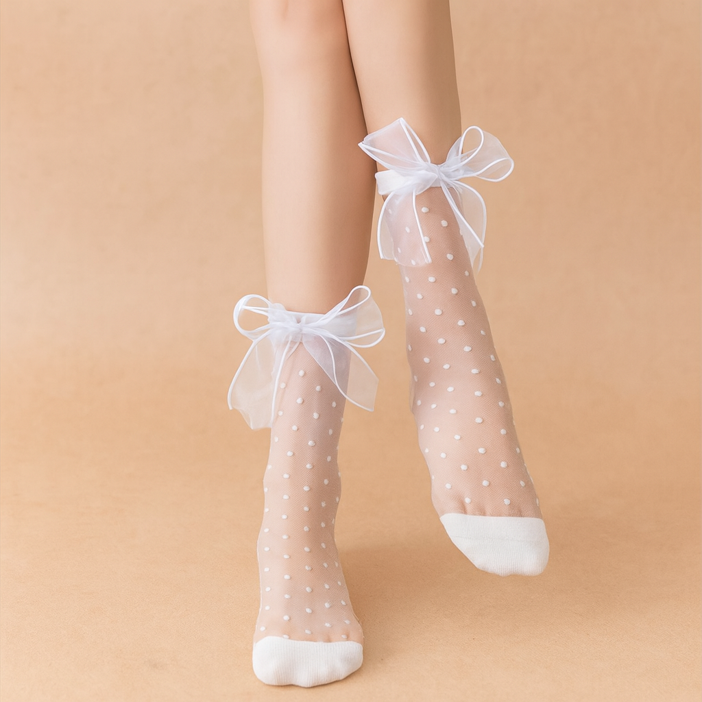 (1 Paar) Nylon Damen Socken Fashion Spitzen Strümpfe Füsslinge mit Punkten inkl. Schleifen (One Size) - Weiss