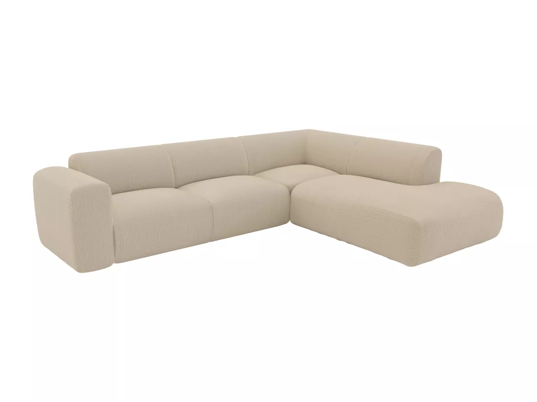 Grand canapé d'angle droit avec dossier méridienne en tissu texturé beige POGNI de Maison Céphy