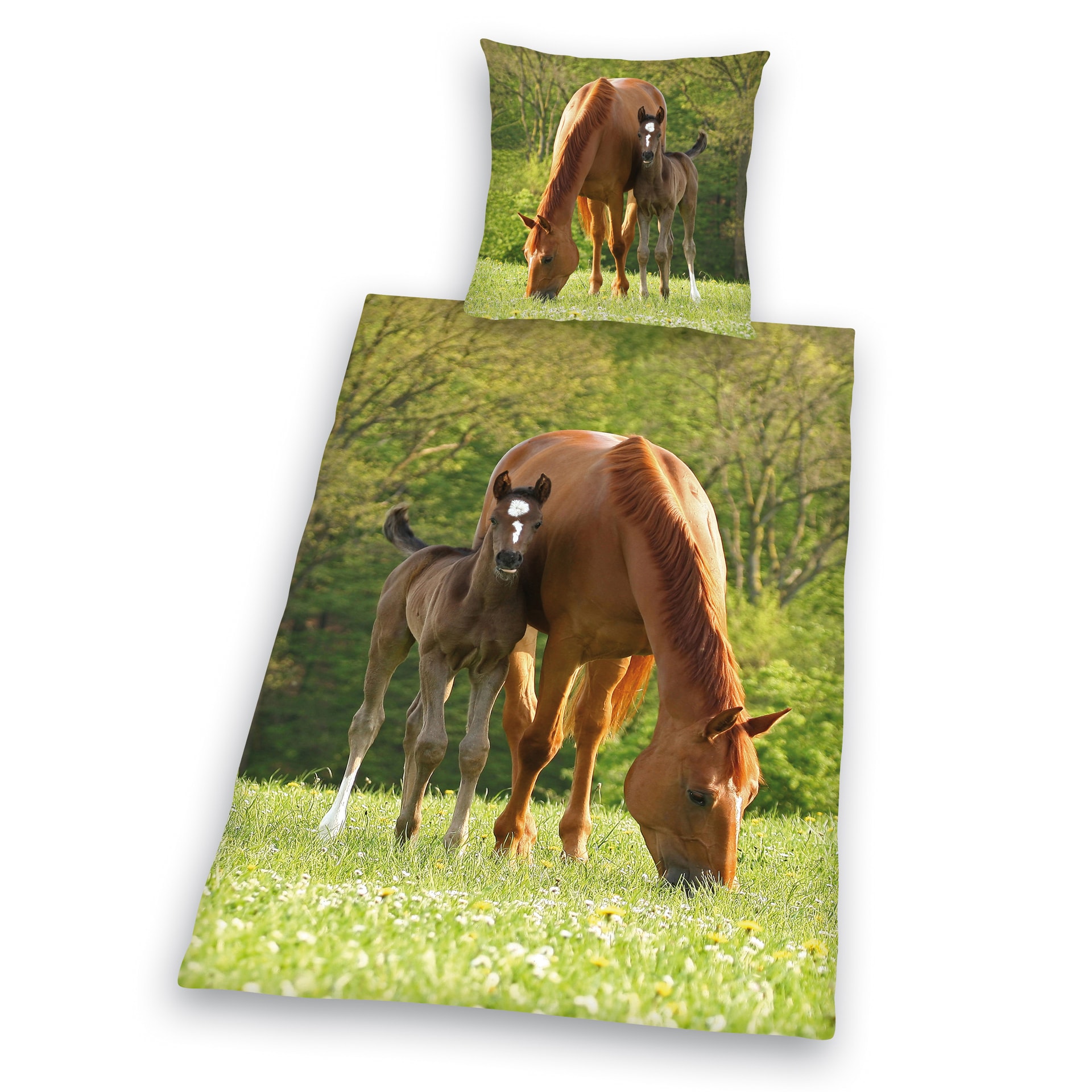 HERDING Kinder-Renforcé-Bettwäsche PFERDE 135 x 200 cm grün/braun