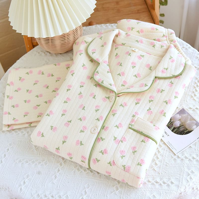 molpes - Pyjamaset: overhemd met bloemenprint en knoopjes + broek