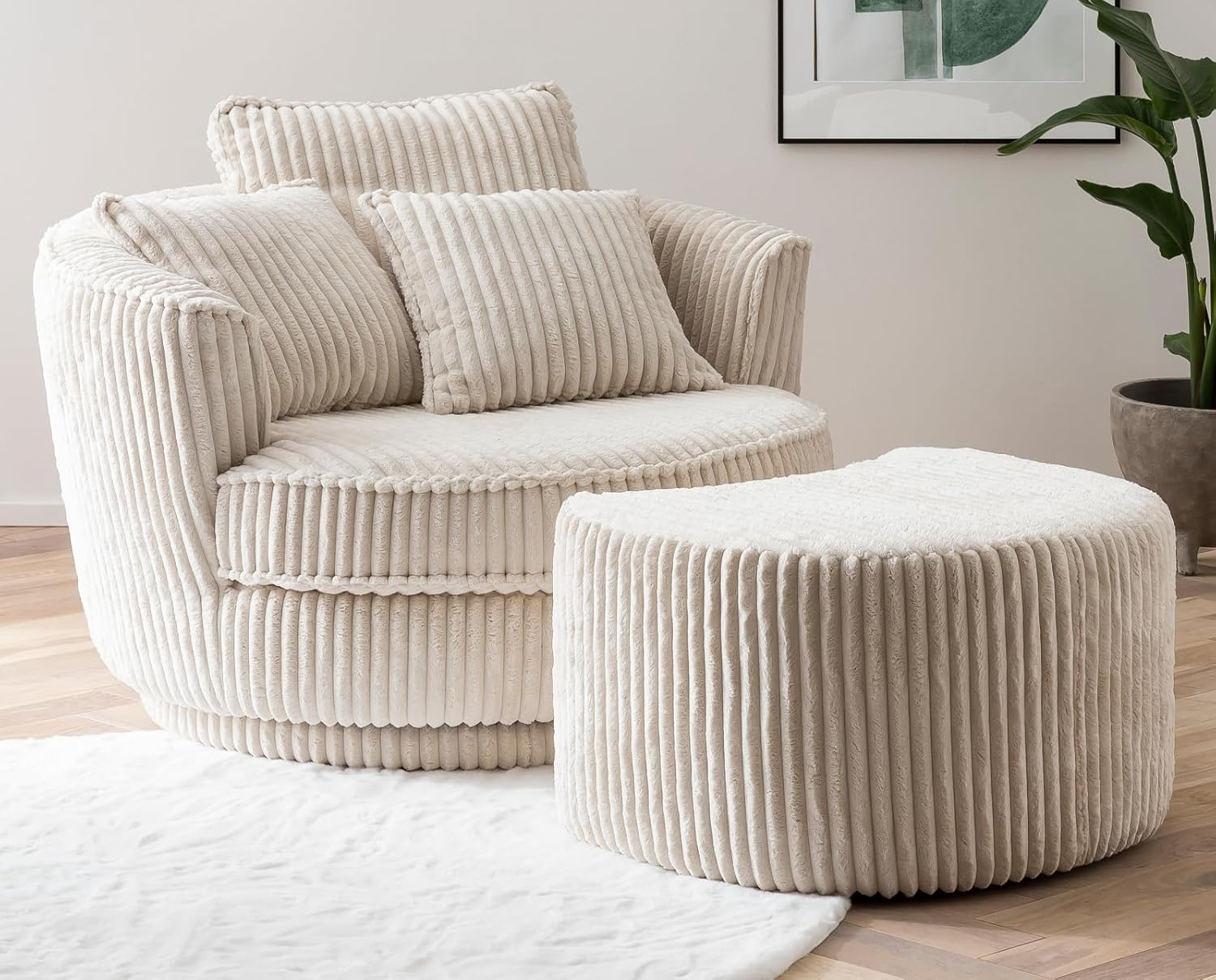 Sessel in beige/wollweiß Cord Stoff XL Drehsessel 360° drehbar inklusive 3 x Kissen Relaxsessel mit Fußhocker Comfy (Wollweiß, Mit Hocker)