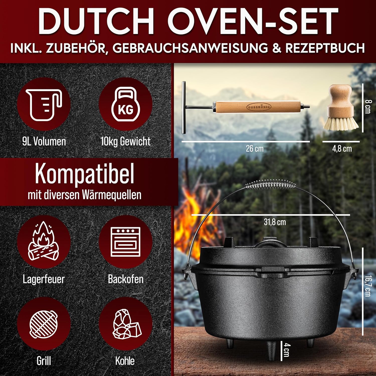Dutch Oven Set - Eingebrannter Dutch Oven 9 Liter [6-10 Person]-Feuertopf Gusseisen mit Füßen-Schmortopf Doppelfunktion-2in1 Deckelheber, Bürste & DutchOven Rezeptbuch-30 Jahre Garantie