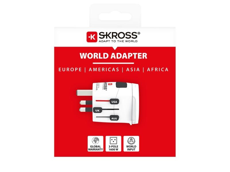 SKROSS Weltreiseadapter PRO Light World Kompakter Reisestecker mit Muli-Länder Aufsatz, weiss