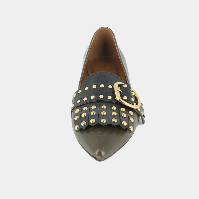 Mocassins à boucles et pattes frangées  en cuir kaki