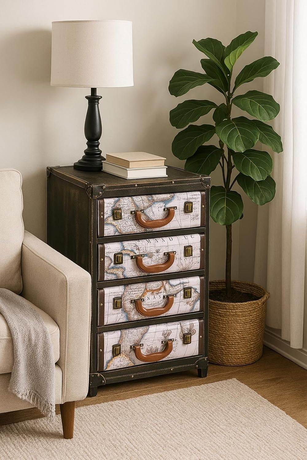 Kobolo Kommode Compass | 40x31x79 cm | braun | kleine Kommode aus MDF mit 5 Schubladen im Vintage Weltkarten-Design | dekorativer Schubladenschrank für Schlafzimmer, Wohnzimmer, Flur oder Büro