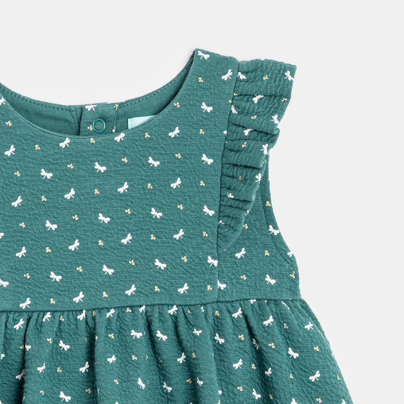 Robe à volants en coton fantaisie imprimé libellules verte bébé fille