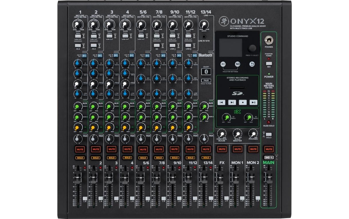 Mischpult ONYX12 14-Kanal<br>Analoges Mischpult mit USB-Multitrack-Recording, SD-Karte-Aufnahme/Wiedergabe und Bluetooth