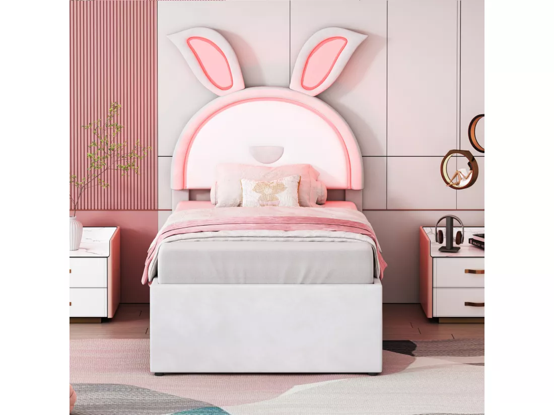 Lit gigogne 90x200+90x190cm, lit enfant capitonné en tissu velours, avec tiroir de rangement, tête de lit LED avec oreilles de lapin, beige