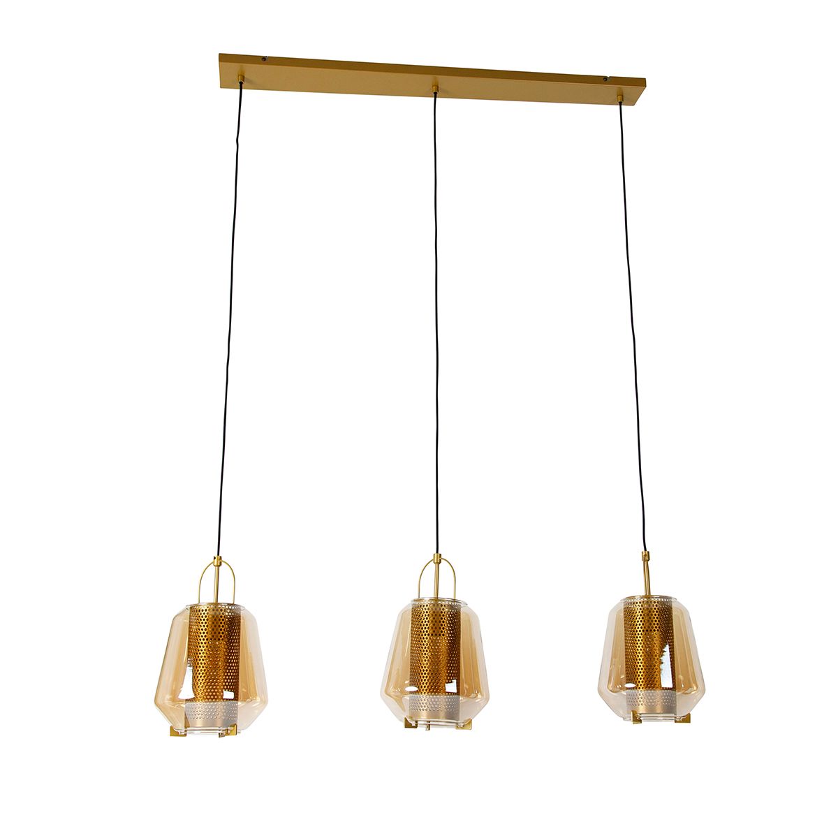 Hanglamp goud met amber glas 23 cm langwerpig 3-lichts - Kevin