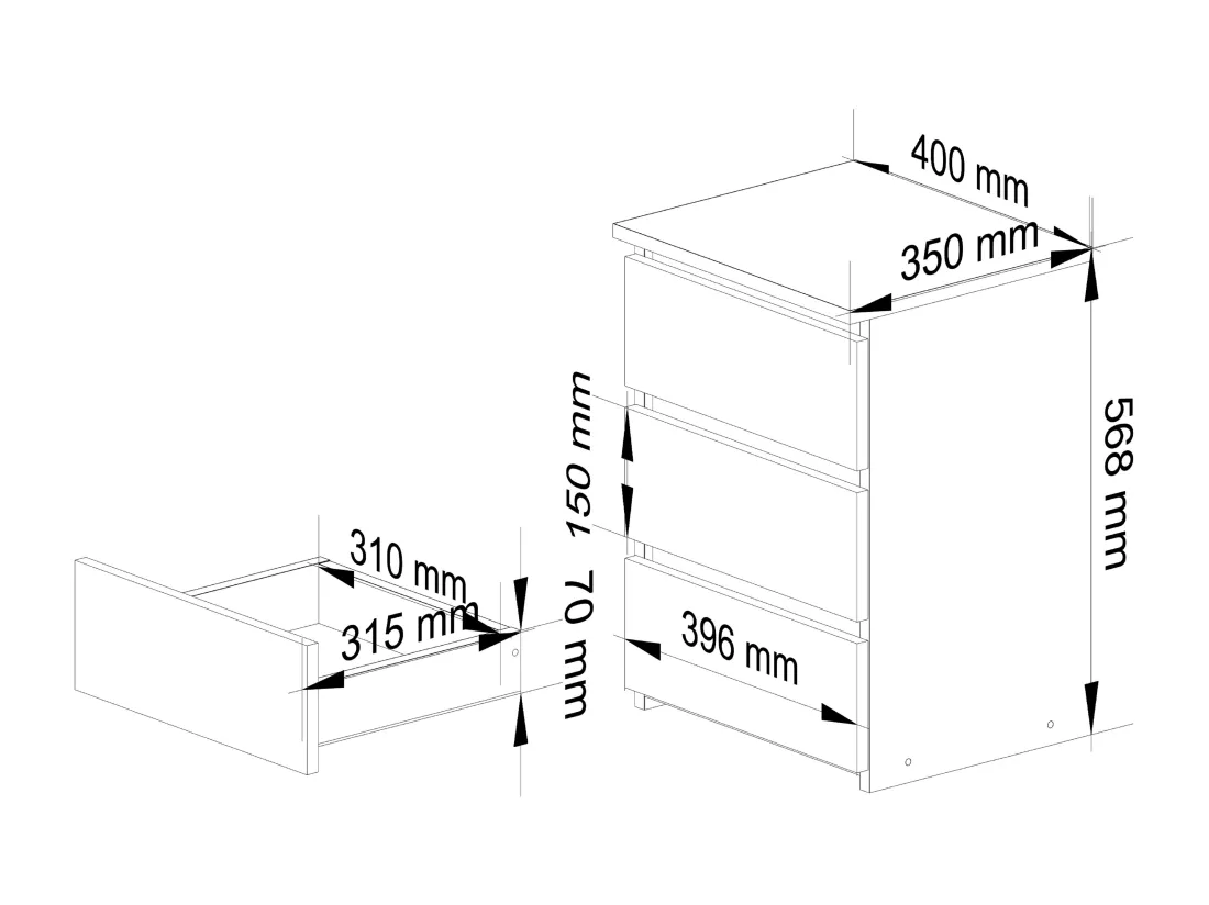 Table de chevet AKORD CL3 Chêne Artisan 40 cm 3 tiroirs façade Gris Graphite 40x35x57 cm