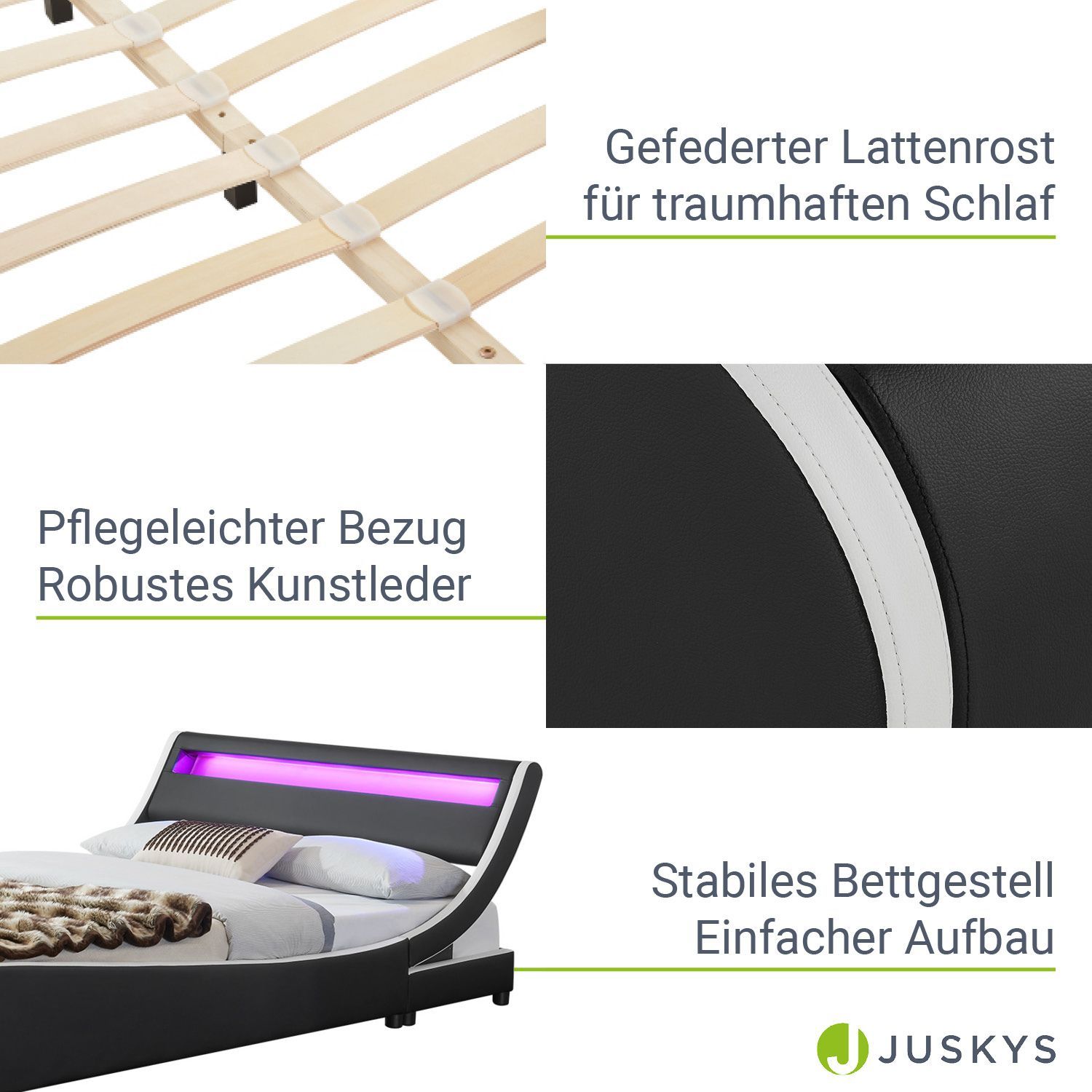Juskys Polsterbett Bett Valencia 180 x 200 cm schwarz mit Kaltschaummatratze Doppelbett mit LED