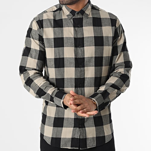 Chemise Manches Longues A Carreaux Gingham Beige Noir