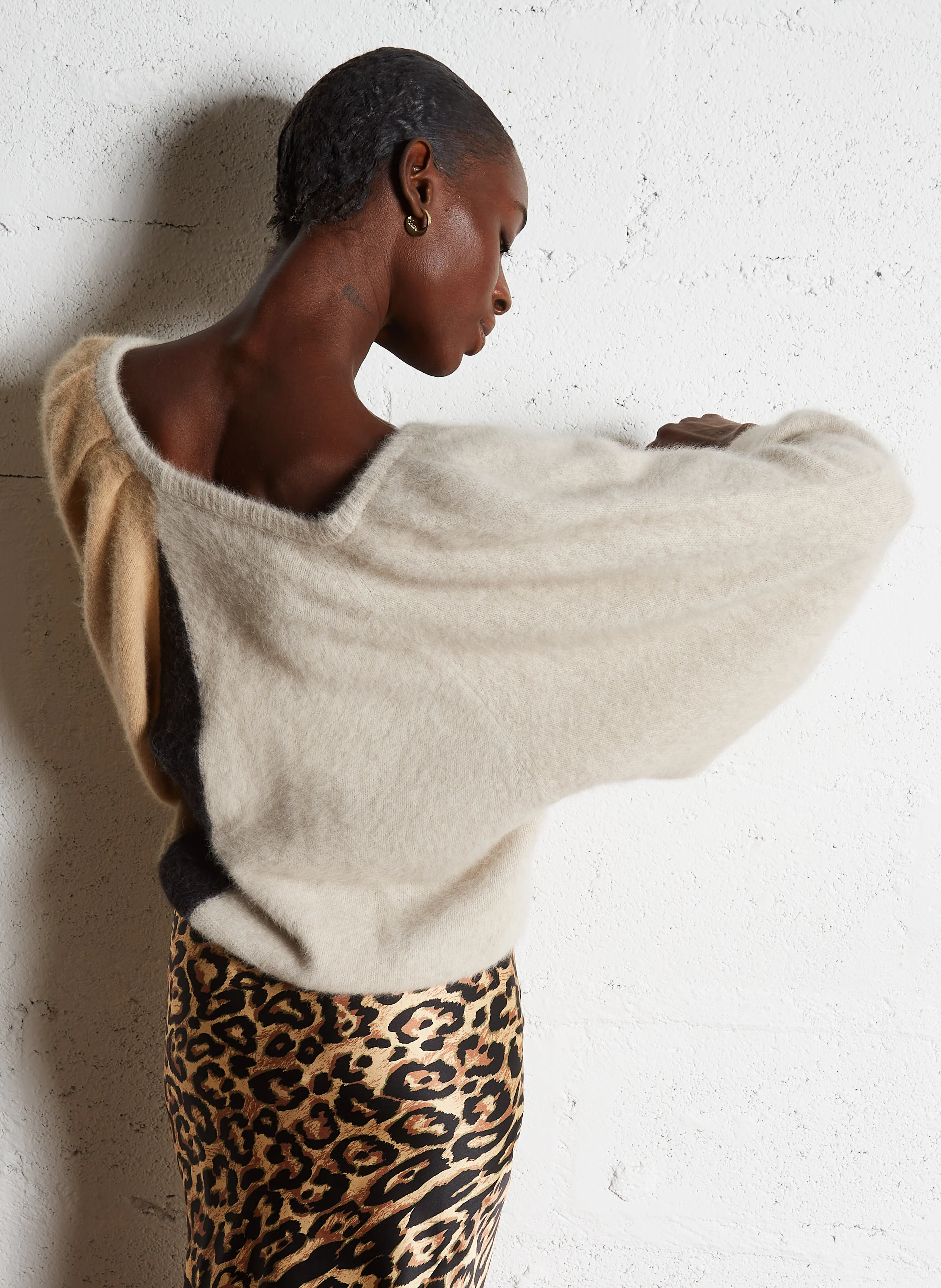 FORDEN - Pull court bateau rond jacquard en fourrure de renard mélangée | Beige