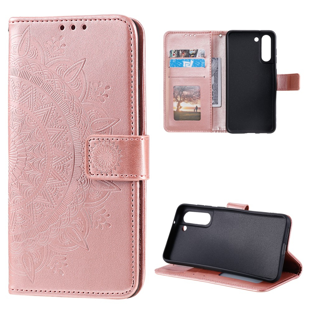 Samsung Galaxy S21 FE 5G Leder Tasche Wallet - Mandala Flowers Imprint - Roségold