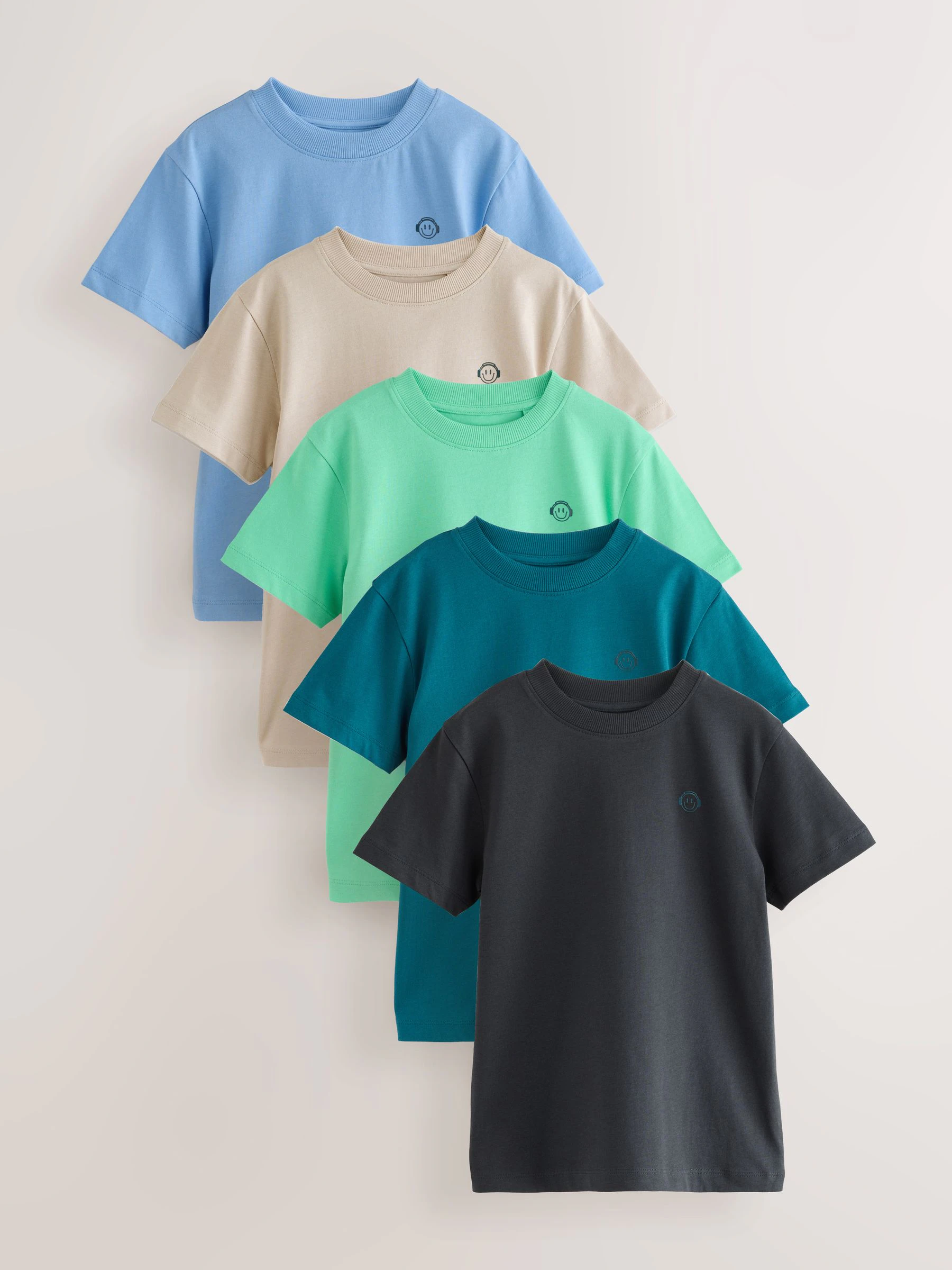 Blauw/Groen/Cement - Verpakking van 5 T-shirts met kleine grafische print op de borst en korte mouwen (3-16jr)