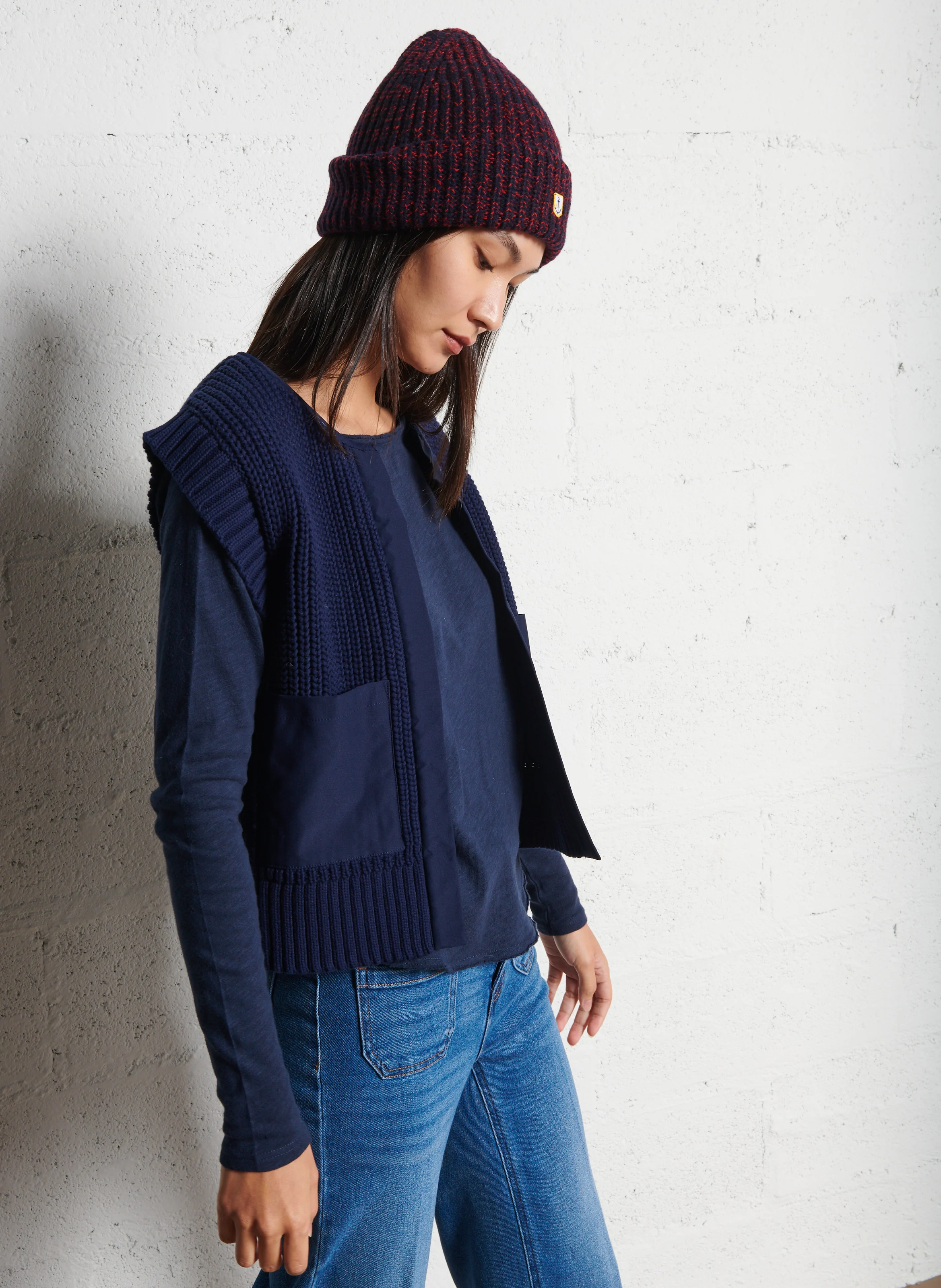LAURENA - Gilet col rond en coton melangé | Bleu