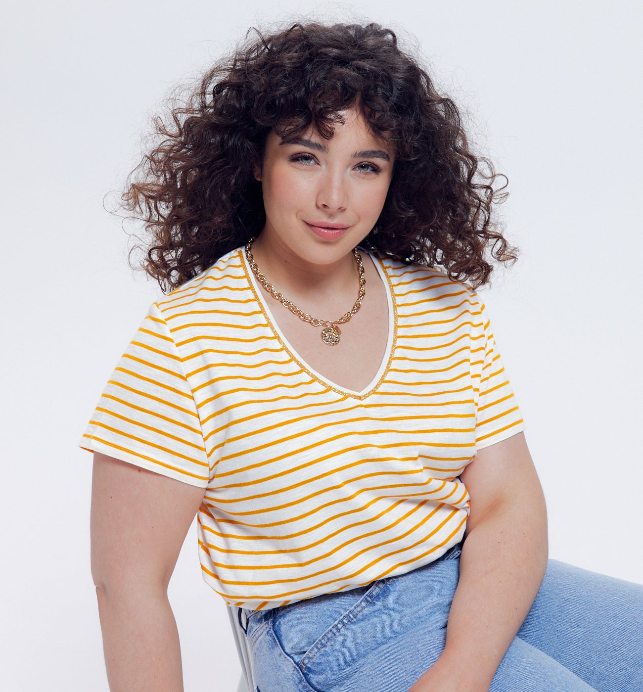 T-shirt col V Femme - Rayé jaune