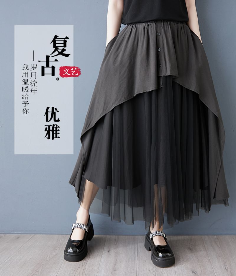 Taragon - Asymmetrische midi-A-lijn rok met hoge taille en mesh-paneel