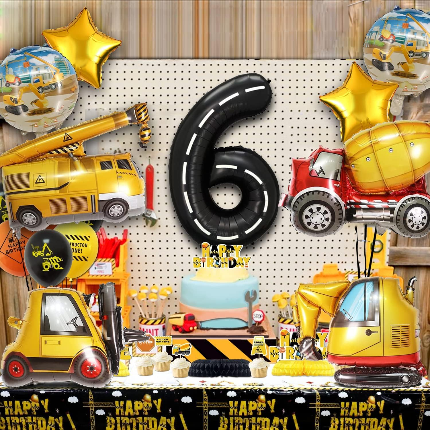 (9-tlg. Set) Zahlen Ballon Kinder Geburtstags Party Folienballon - Zahl 6 / Baustelle