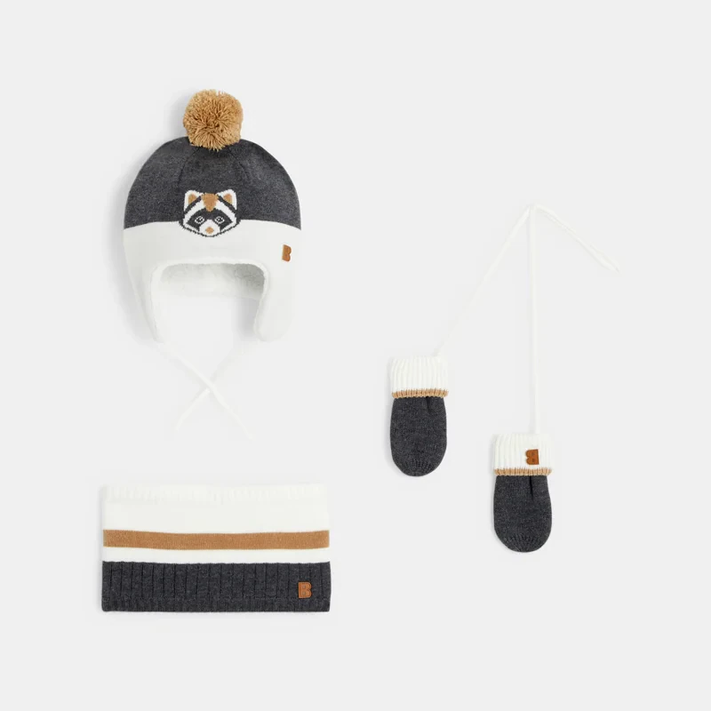 Lot bonnet, snood et moufles tricot frimousse grise bébé garçon Gris ou noir