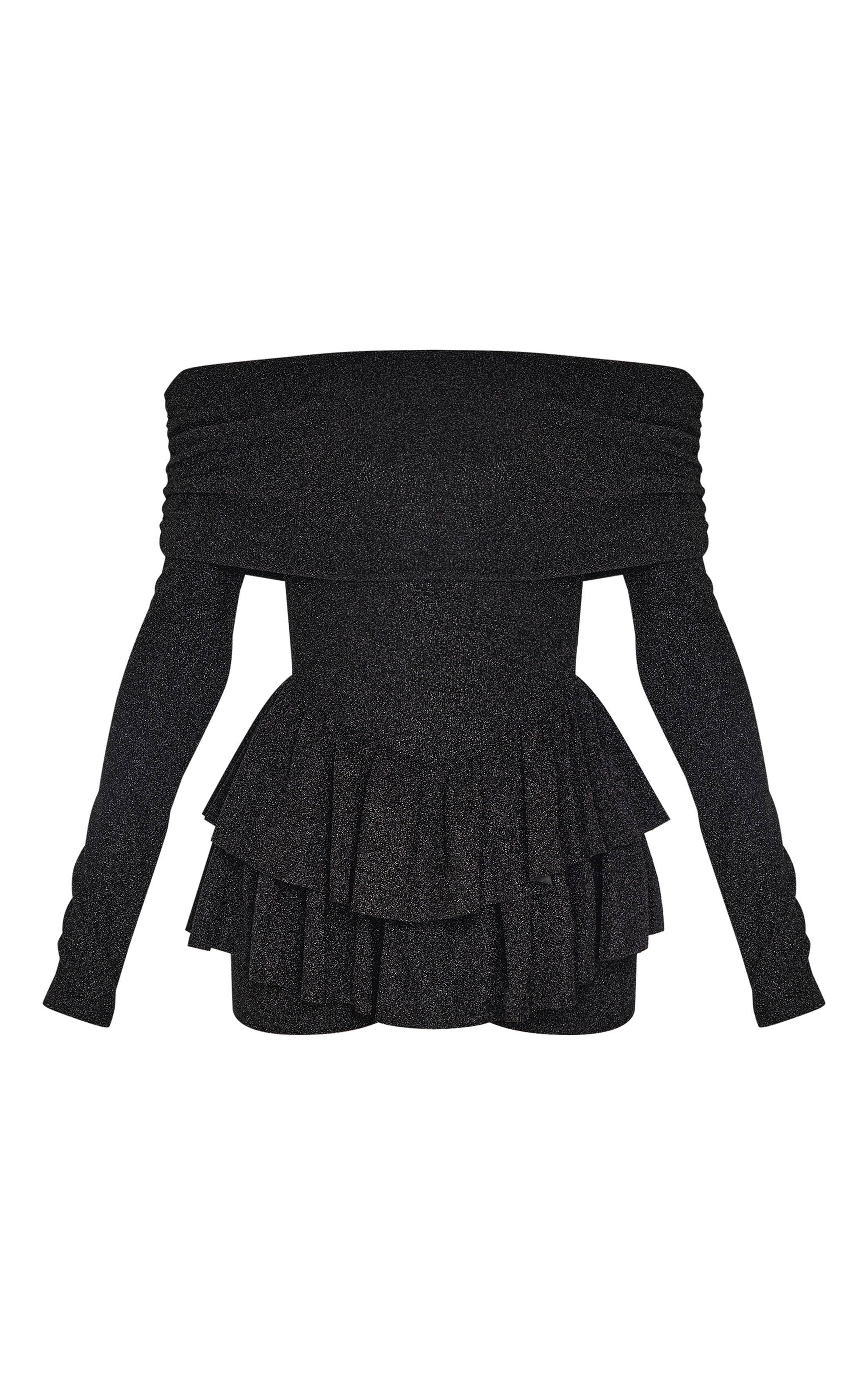 Noir Combishort À Paillettes Épaules Dénudées Manches Longues Style Rara