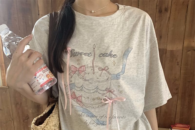Joyciful - T-shirt met korte mouwen, ronde hals en cartoonprint en strik