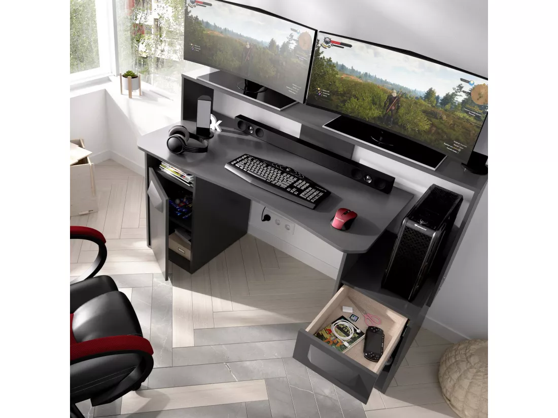 Bureau Manos, bureau de jeu multifonction moderne, table d'étude pour PC et support CD, 154x69h98 cm, Anthracite, sans lumières LED