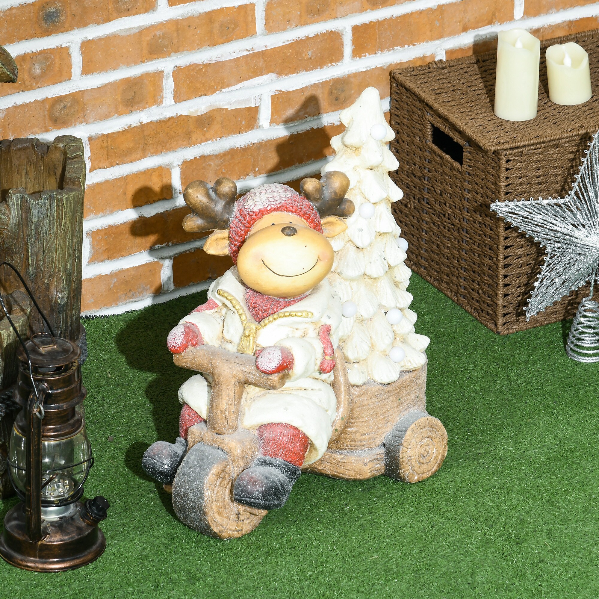HOMCOM Weihnachtsfigur Rentier auf Dreirad mit LED-Licht bunt 36L x 21B x 44H cm