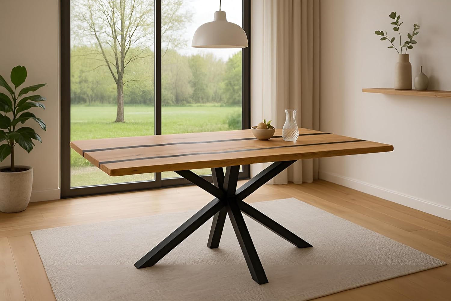 SAM Esstisch Pedro | 160 x 85 cm | Akazienholz massiv | Farbe: Natur | Resin/Epoxidharz-River in Schwarz | echte Baumkante | Spider-Gestell Metall Schwarz